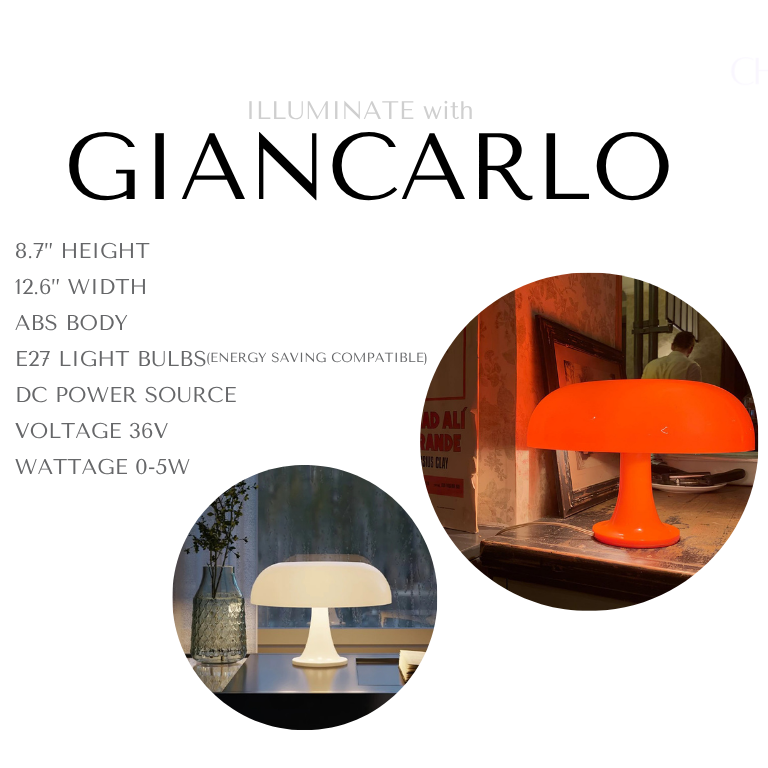 Product description page for Giancarlo, reading as
8.7” Height
12.6” Width
ABS Body
E27 light Bulbs (energy saving compatible)
DC power source
Voltage 36V
Wattage 0-5W