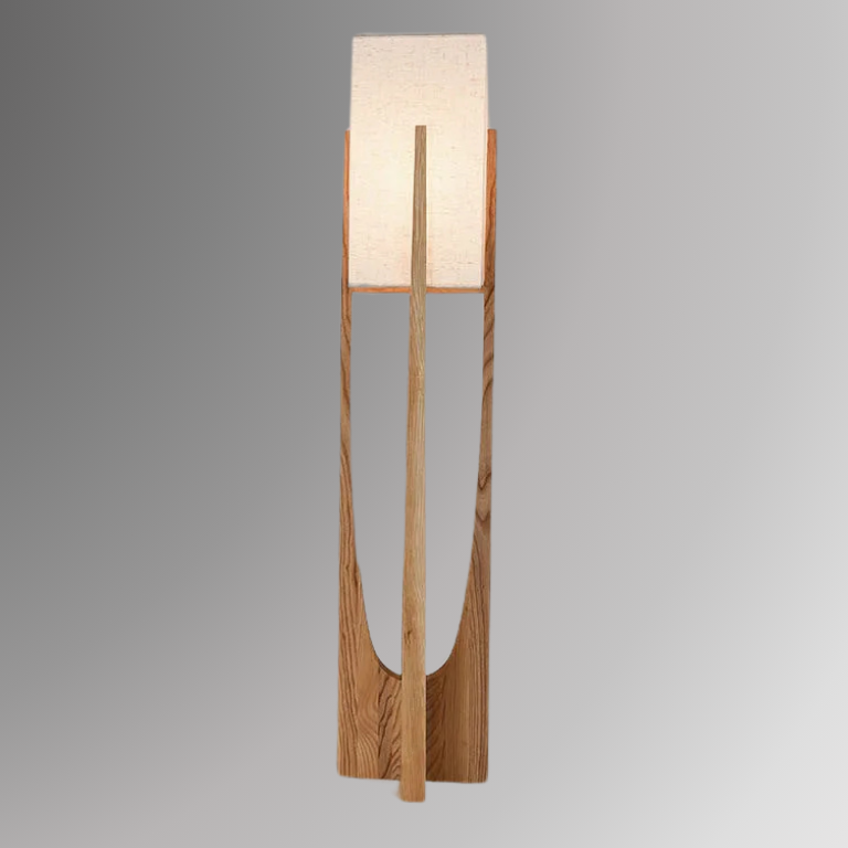 Minari, a floor lamp with a forked wooden base and a cubed linen shade, against a grey background