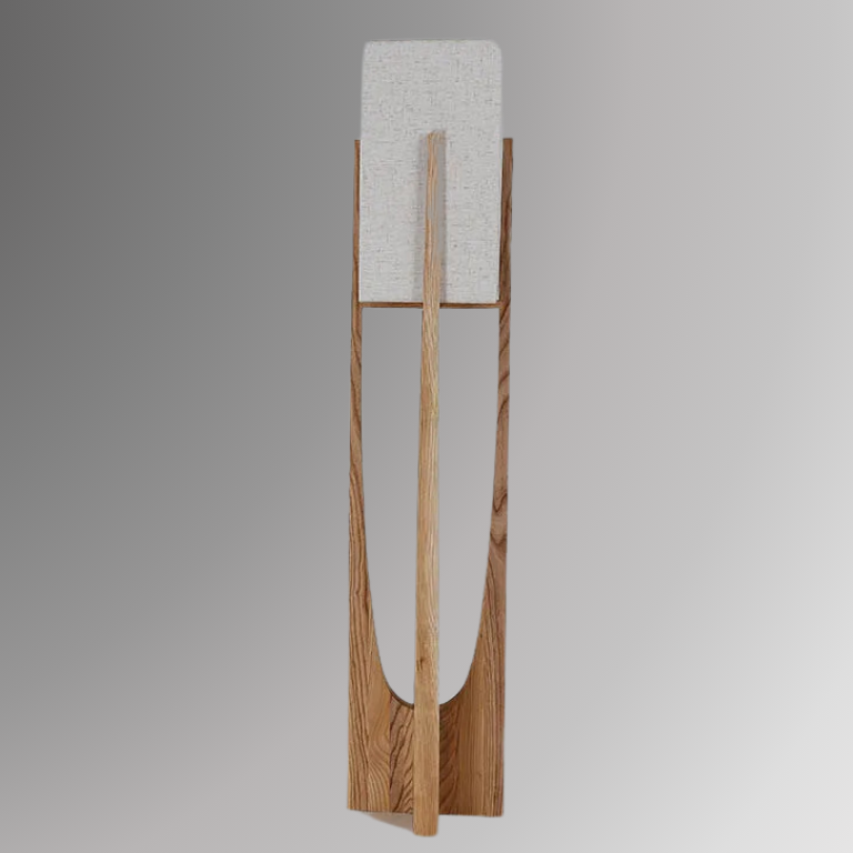 Minari, a floor lamp with a forked wooden base and a cubed linen shade, against a grey background.
