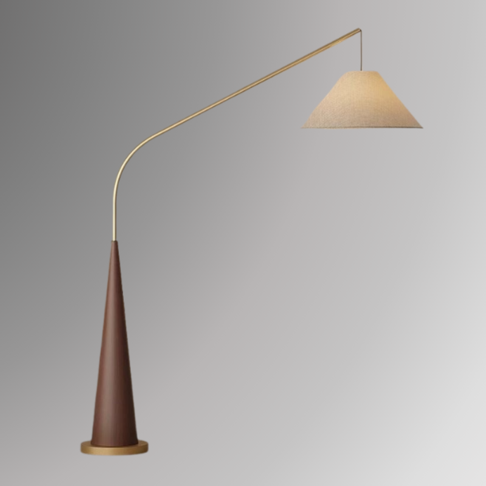 Ellis, a modern floor lamp with a rich brown base and a tapered golden arm on a greyscale background.