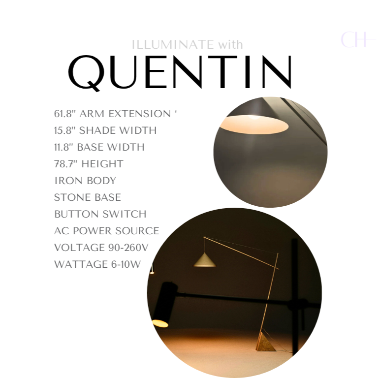 Product description for Quentin. Reading as
61.8” Arm Extension
15.8” Shade Width
11.8” Base Width
78.7” Height
Iron Body
Stone Base
Button Switch
AC Power Source
Voltage 90-260V
Wattage 6-10W