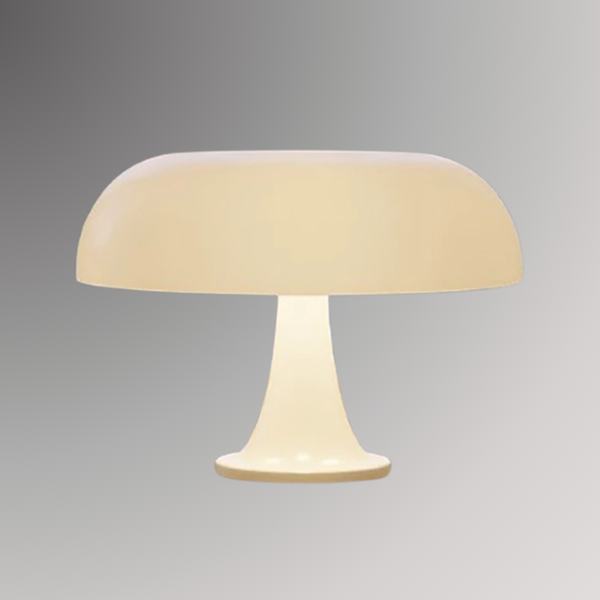 Giancarlo, a modern table lamp with a silhouette resembling a mushroom, featured in an ivory color and pictured against a grey background.