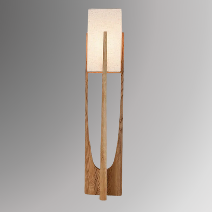 Minari, a floor lamp with a forked wooden base and a cubed linen shade, against a grey background