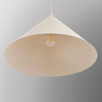 Detailed and zoomed shot of Quentin. Showing its beige cone-shaped pendant shade against a gray background