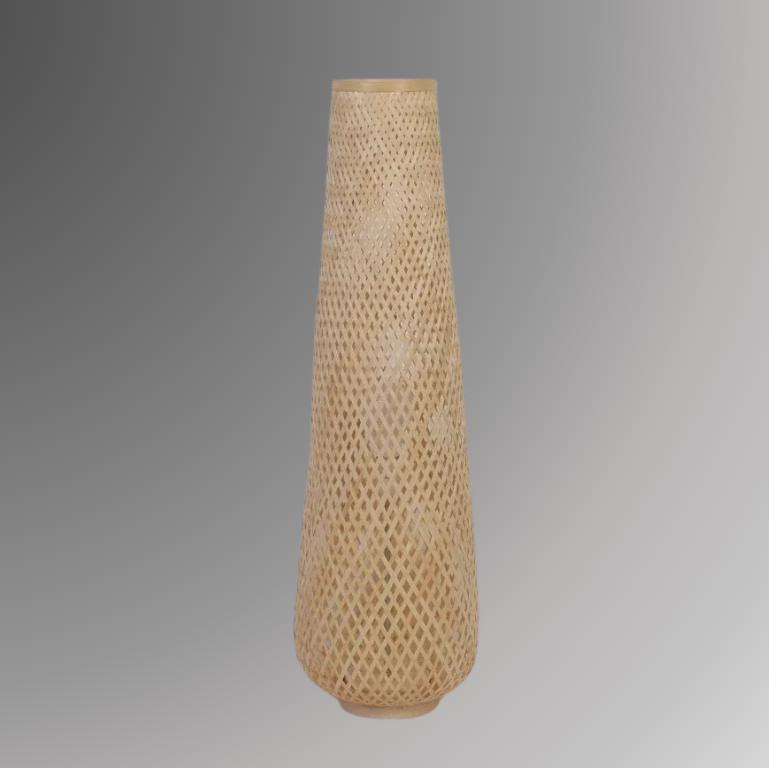 Solace, a cylindrical wicker floor lamp, in a natural light wheat color.