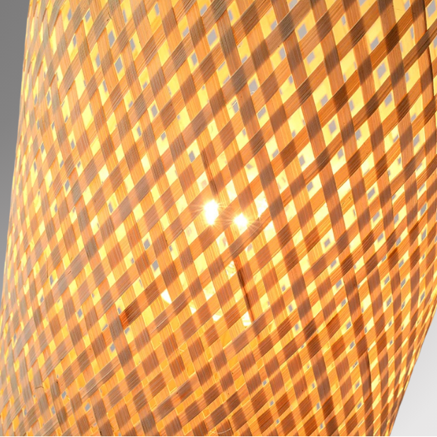 Solace details, showing light being diffused through its wicker shade. 